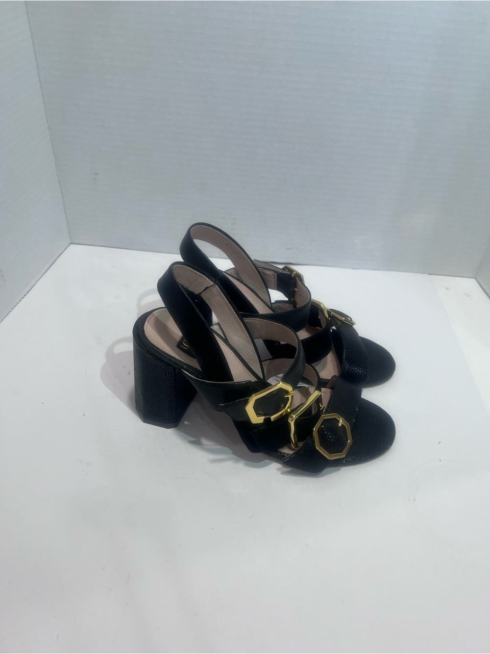 Louise et Cie Black Block Heel Sandals with Gold Buckle Detail
